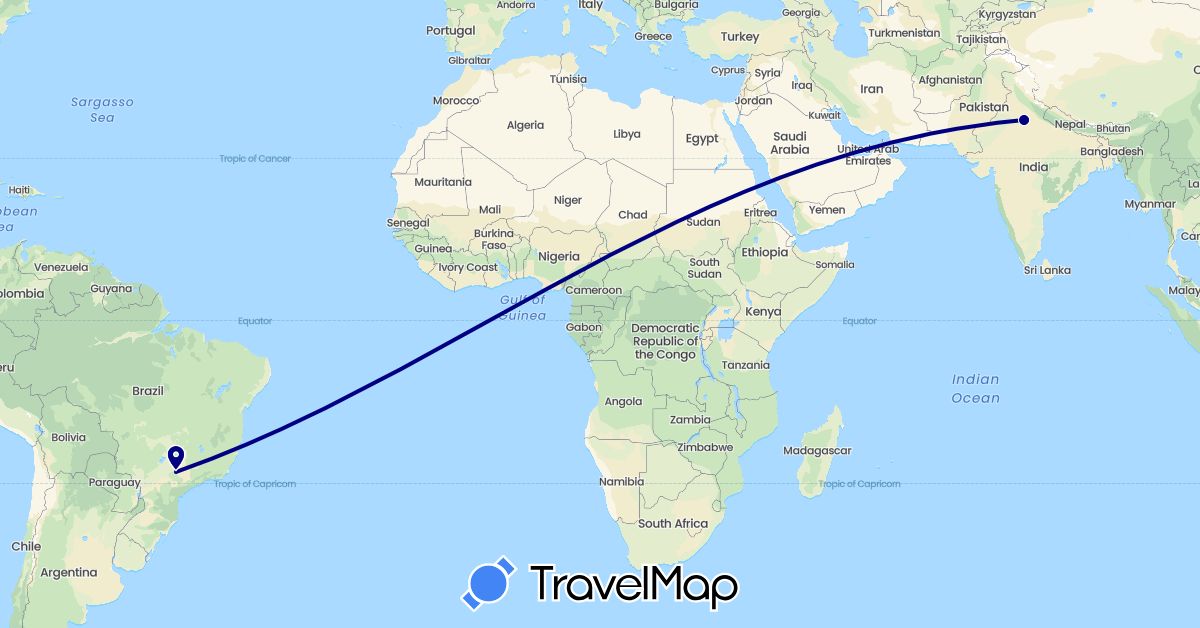 TravelMap itinerary: driving in Brazil, India (Asia, South America)